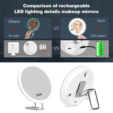 30X Magnifying Makeup Mirror W/ LED Light 360° Adjustable Foldable USB Charging