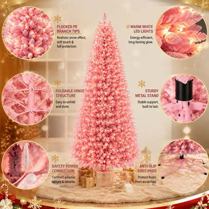 210cm 7FT Pink Snow Flocked Christmas Tree Pre-Lit 350LED Warm White Xmas Decor