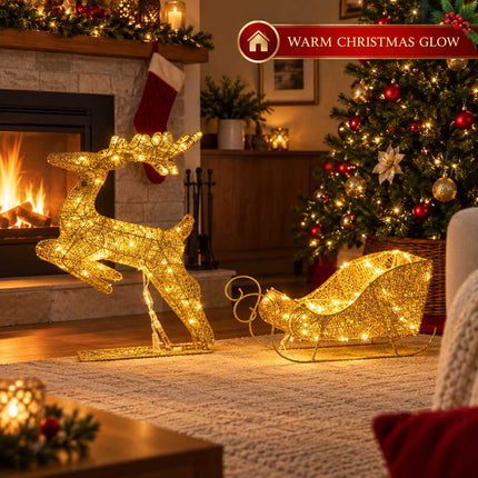 Light Up Christmas Reindeer Sleigh Solar Plug In LED Indoor Outdoor Decoration
