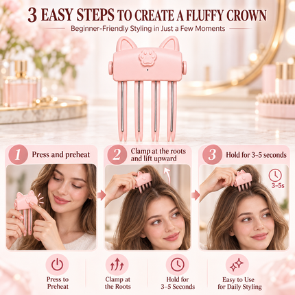 Pink Cat Ear Heated Hair Root Volumizing Clip 2 Heat Type-C Rechargeable Styler