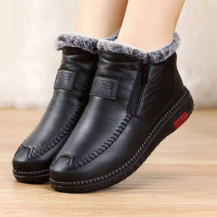 Women Waterproof Leather Warm Fleece Snow Ankle Boots Winter Non-slip Flat Shoes