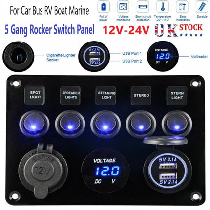 12V Switch Panel USB Charger 5 GANG ON-OFF Toggle LED Rocker for Car Boat Marine
