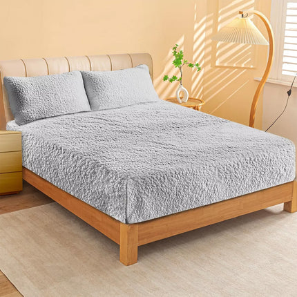 Soft Sherpa Fleece Fitted Sheet Combo Set  Warm Winter Bedding Grey Queen