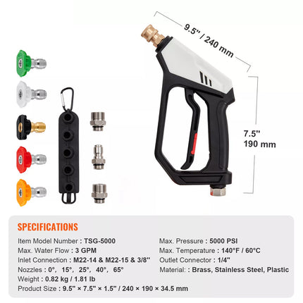 1/4'' High Pressure Washer Gun 5000PSI Power Wash Foam Spray w/ Nozzle