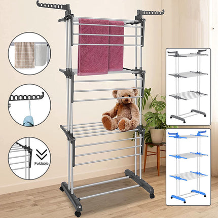 3 Tier Foldable Clothes Airer Folding Hanger Drying Rack Multi-Functional Stand Blue