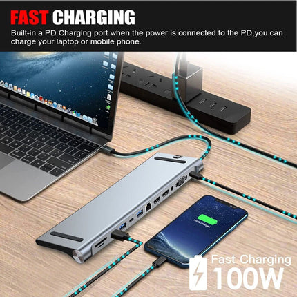 12 in 1 Laptop Docking Station Type-C Dual HDMI Adapter USB-C Triple Display