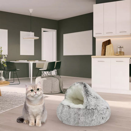 Pet Dog Cat Bed Round Plush Kitten Warm Soft Sleeping Nest Igloo Cave Mat House Grey 60*60 cm