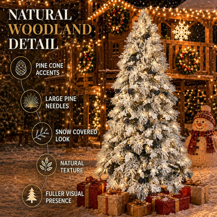 150cm Snow Flocked Christmas Tree Warm 160 LEDs Light Pre Lit Pine Cone Winter Xmas Decor