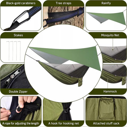 2 Person Camping Hammock with Mosquito Net, Hiking Tent Tarp Hammock Rain Fly