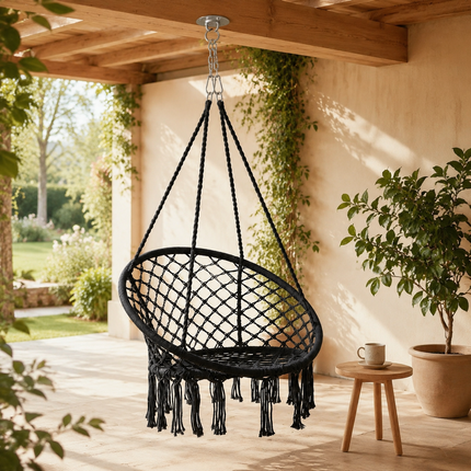 Black Boho Macrame Hammock Chair Hanging Swing Seat Indoor Outdoor Patio