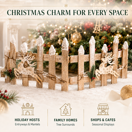 Christmas Wooden Picket Fence Reindeer Snow Tipped Tree Base Xmas Decor