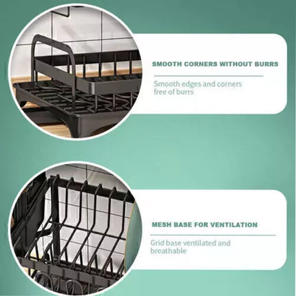 2 Tier Dish Drainer Drying Rack with Cup Holder Cutlery Tray Kitchen Organiser