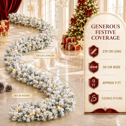 2.7m White Snow Flocked Christmas Garland Hanging Rattan Warm Light Indoor DIY Mantel Decor