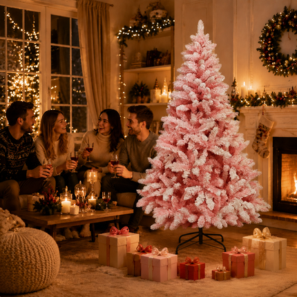 180cm Pink Christmas Tree Snow Flocked Warm LED Light Xmas Decor Indoor
