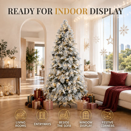210cm Snow Flocked Christmas Tree Warm 330 LEDs Light Pre Lit Pine Cone Winter Xmas Decor