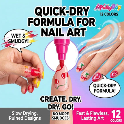 Pinky Pop Nail Pens 12 Colors Dual-Tip Nail Polish Pens Set,Quick-Dry, No UV Lam