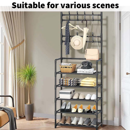 Shoe Rack Storage Cabinet Coat Hat Stand Metal Shelves 16 Pairs Black