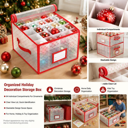 Jingle Jollys Christmas Baubles Storage Box 64 Dividers Xmas Ornaments Container