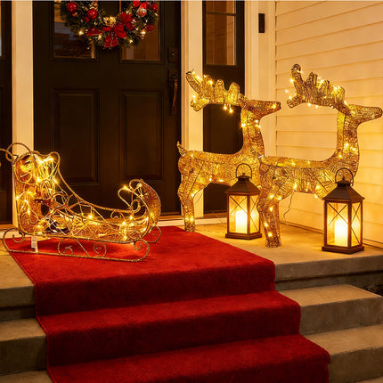 Solar-Powered Set of 3 Christmas Decoration Reindeer and Sleigh LED Yard Xmas