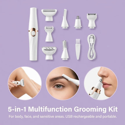 Electric Epilator and Eyebrow Trimmer 5-in-1 Grooming Kit USB Rechargeable 5V