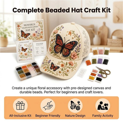 3D Beaded Orange Butterfly Hat DIY Kit Luxury Flocked Canvas Handmade Beadwork Gift Craft