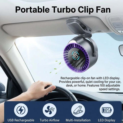 Rechargeable Turbine Clip-On Fan 100-Speed USB Desk Car Fan with LED Display