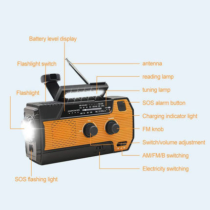 Emergency Wind Up Solar Radio Hand Crank Power Bank FMAM Charger Torch 4000mAh