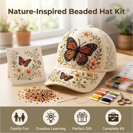 3D Beaded Orange Butterfly Hat DIY Kit Luxury Flocked Canvas Handmade Beadwork Gift Craft