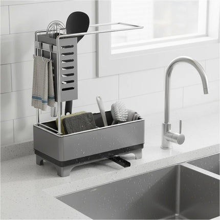 Gunmetal Grey 2 Tier Kitchen Sink Caddy Organizer with Brush and Sponge Holder Stainless Steel