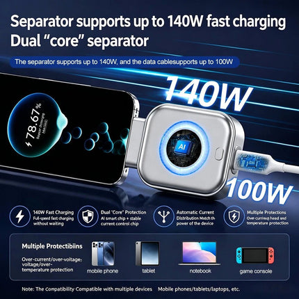 Type-C 140W Auto Disconnect Charging Adapter Fast Charge Mechanical Cut-Off - Silver White