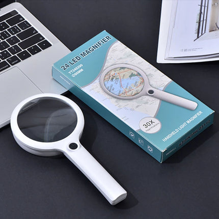 30X  10X Handheld Magnifier Rechargeable 24 LED Light Magnifying Glass