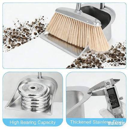 Stainless Steel Broom and Dustpan Set with Long Handle, Upright Heavy Duty