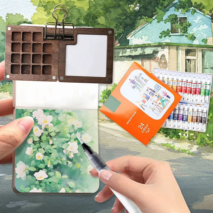Pocket Artist Watercolor Travel Set Mini Portable Wooden Paint Palette Kits NEW