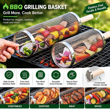 Rolling BBQ Grill Basket with Mesh Cage for Vegetables & Meat, Outdoor Barbecue Cylinder Net, Fits Most Grills
