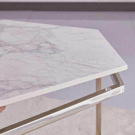 Set of 3 Hexagonal Nesting Tables - White Marble Top With Chrome Legs | Modern Living Room Side Coffee Tables