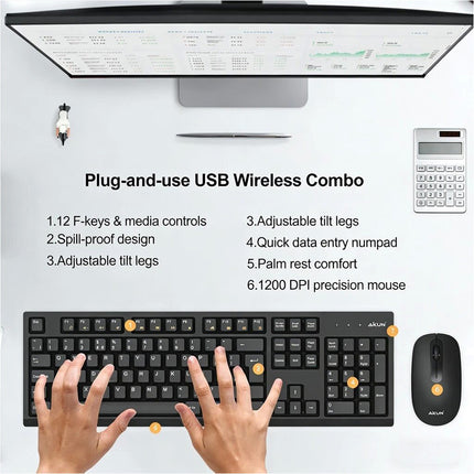 Aikun Bx2510 Wireless Keyboard and Mouse Combo Set 2.4G Cordless Optical for PC
