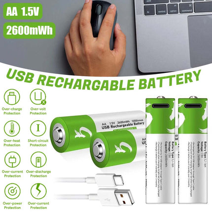 4X USB AA Lithium Ion Rechargeable Battery 1.5V 2600mAh Fast Charger Type C Lot