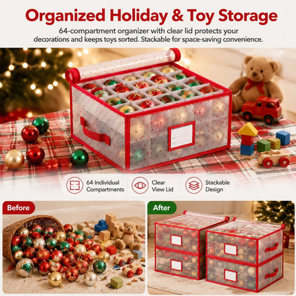 Jingle Jollys Christmas Baubles Storage Box 64 Dividers Xmas Ornaments Container