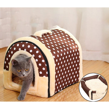 XL Cozy Soft Pet House Kennel Warm Bed Cave for Dogs & Cats Warm Nest For Pets Brown Dots