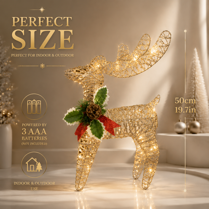 50cm Glitter Reindeer Christmas Decor LED Light Up Xmas Deer Ornament Indoor Outdoor