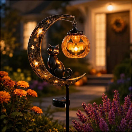Solar Halloween Black Cat Pumpkin Moon Garden Stake Light Outdoor Yard Decor LED