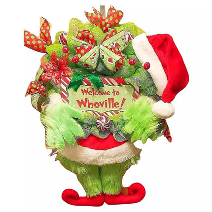 Xmas Grinch‑Themed Outdoor Wreath Hanging Decoration, Christmas Party Ornament