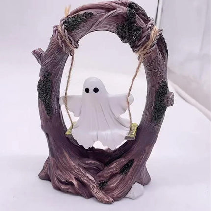 Ghost on a Tree Swing Cute Halloween Figurine for Desktop Bookshelf Garden
