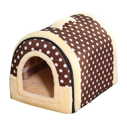 XL Cozy Soft Pet House Kennel Warm Bed Cave for Dogs & Cats Warm Nest For Pets Brown Dots