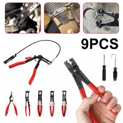9PC Hose Clamp Clip Plier Set Swivel Jaw Flat Angled Band Automotive Tool Set
