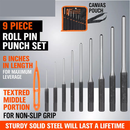 9Pc Roll Pin Punch Set Bolt Catch Gun Building Removing Repair Tool