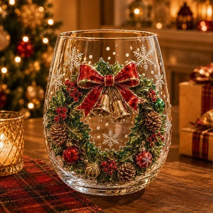 2D Christmas Glass Art Cup, Santa Snowman Reindeer Drinking Glasses Wine Glasses