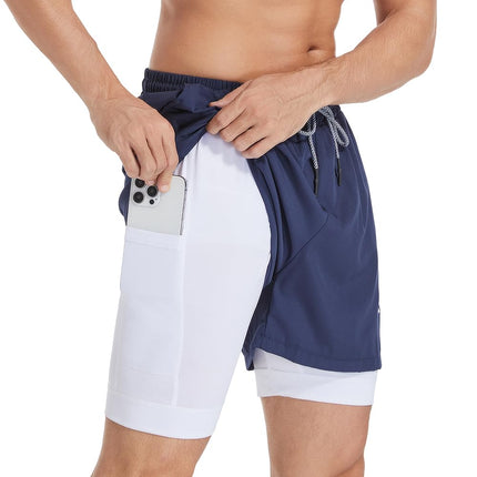 Men Running Shorts 2 in 1 Sports Jogging GYM Fitness Training Quick Dry Breathab Navy