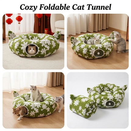 90 cm Foldable Green Cat Donut Tunnel Bed with Soft Cotton Filling for Daily Play and Cozy Naps