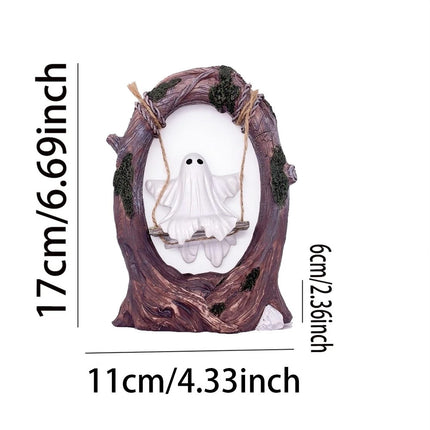 Ghost on a Tree Swing Cute Halloween Figurine for Desktop Bookshelf Garden